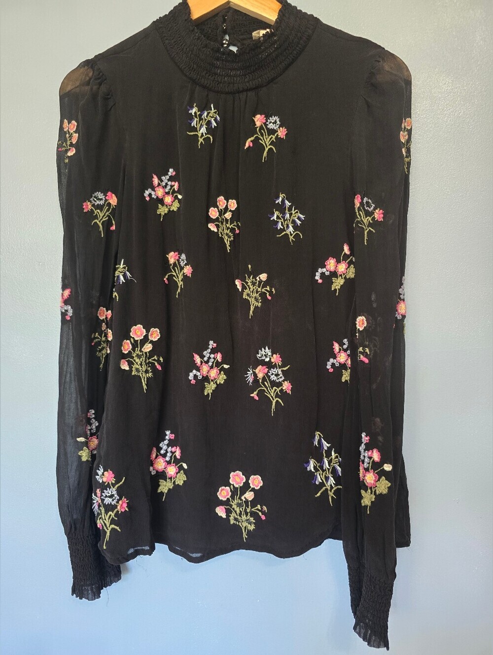 Sundance Fleur Flare Blouse Black Floral Embroidery XS